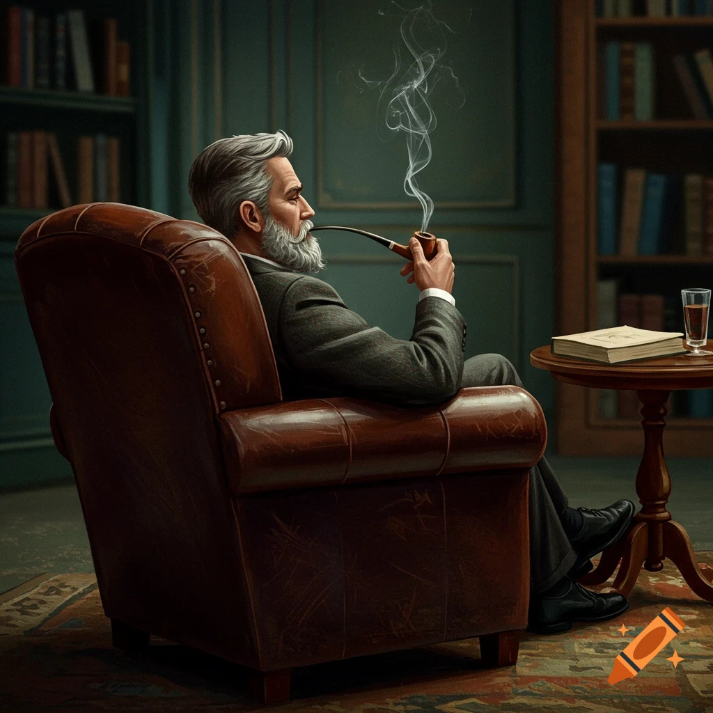 A man with a grey beard sits in a leather armchair, smoking a pipe, in a room with bookshelves.