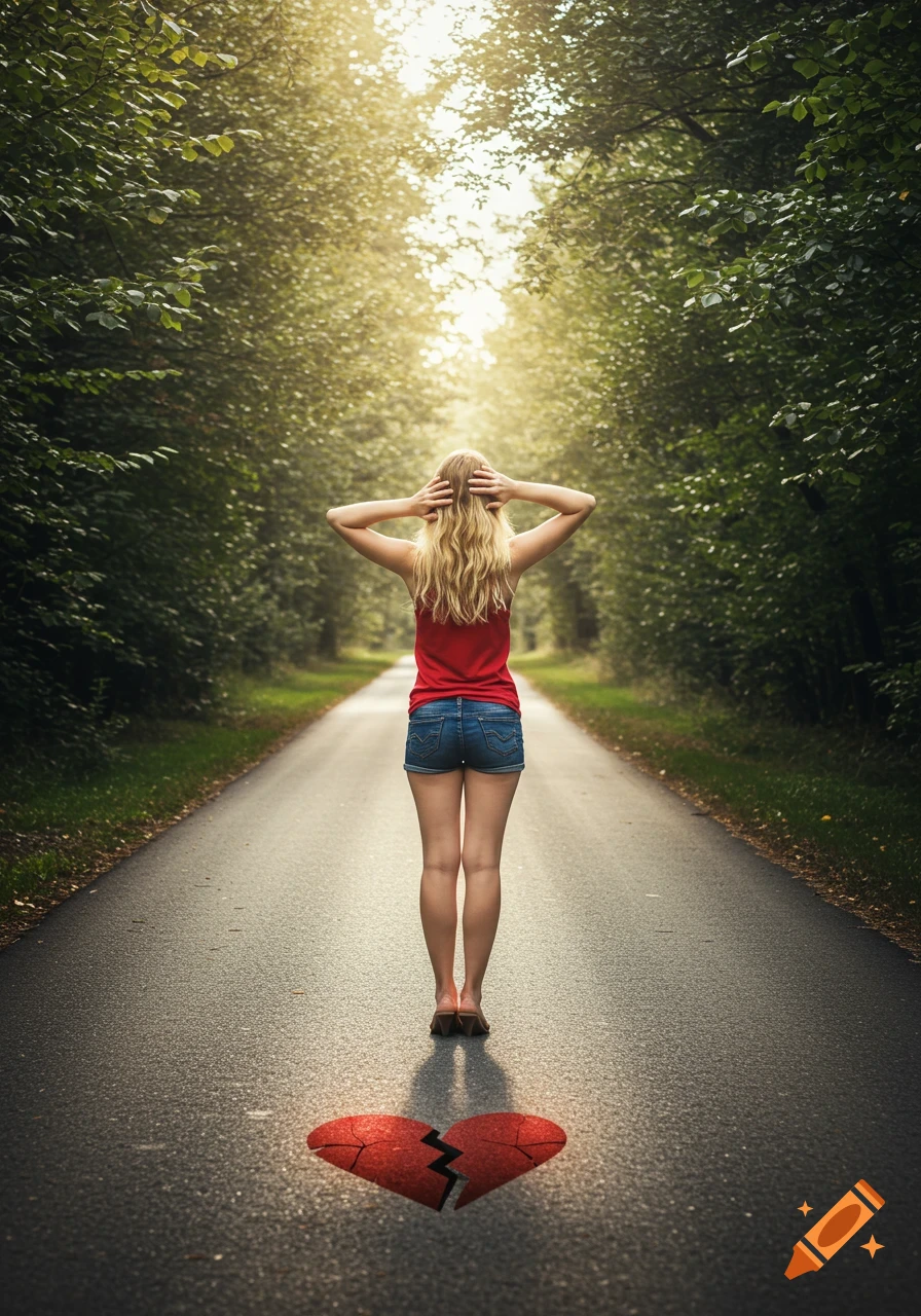 Woman stands on a road looking forward, with a broken heart on the ground behind her.
