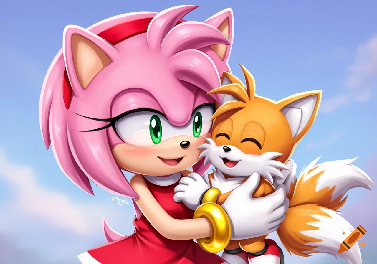 Amy Rose hugs Tails the Fox in an anime art style
