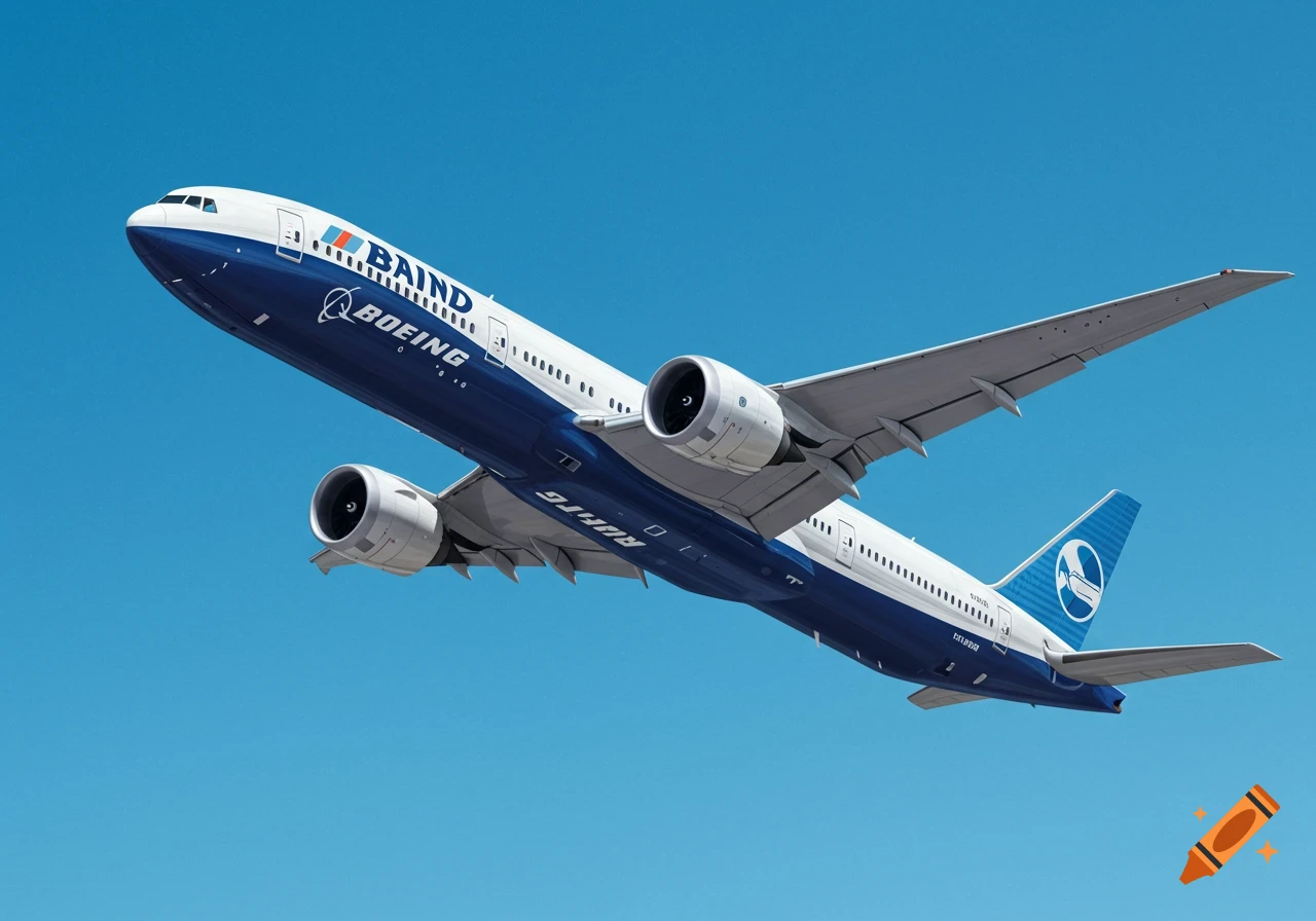 A large white and blue passenger jet flies through a clear blue sky.