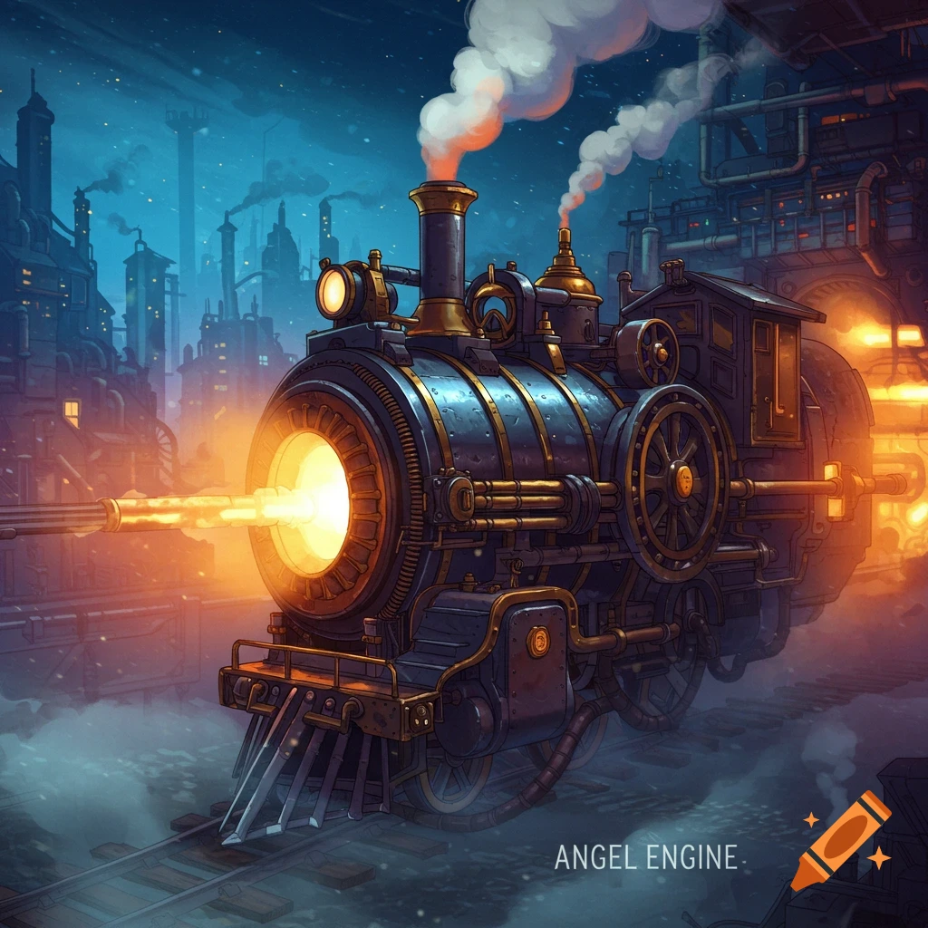 A detailed steampunk train with bright lights and smoke on tracks in a stylized city at night.