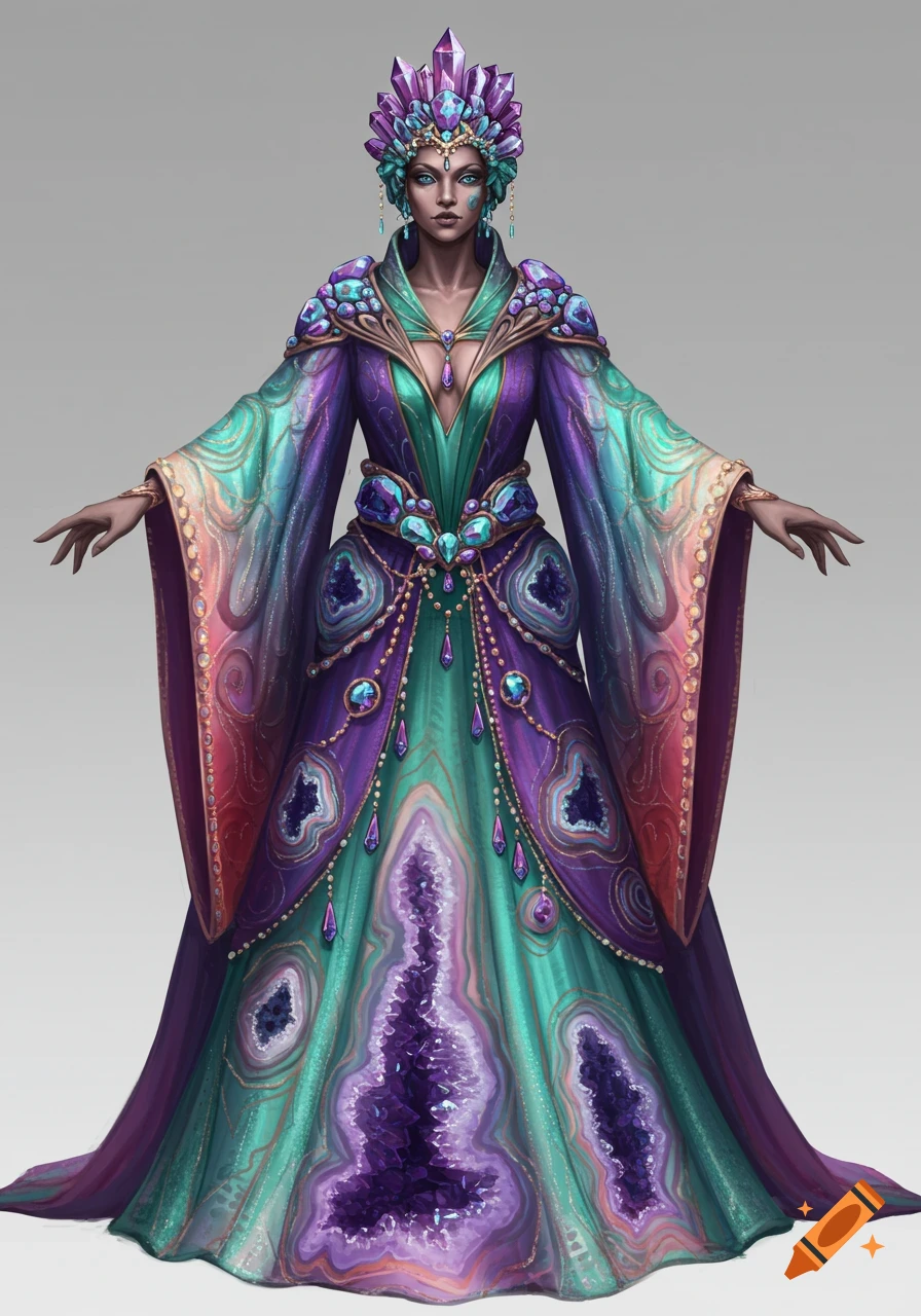 A person in an ornate purple and teal geode-themed fantasy costume and headdress.