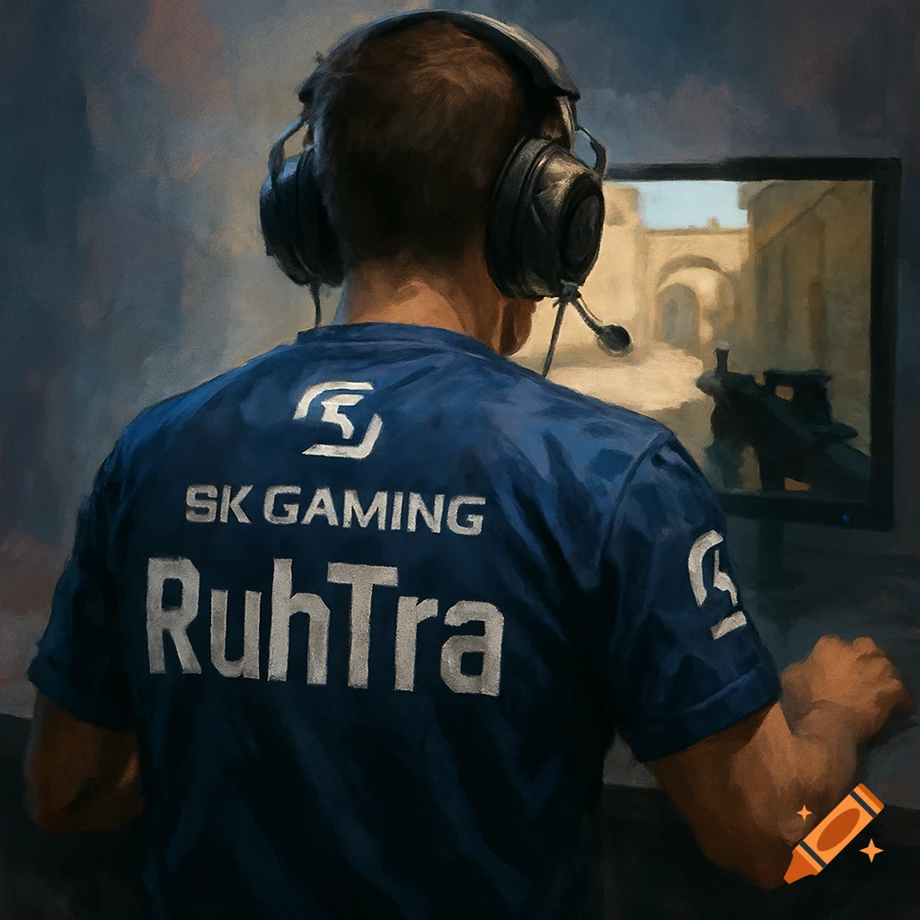 A gamer in an SK Gaming shirt seen from behind playing a game on a monitor, in a painterly style.