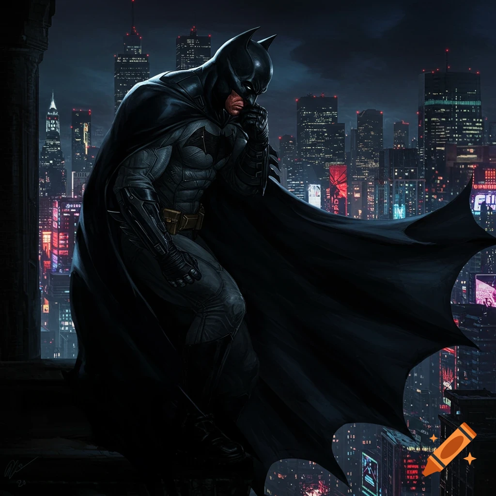 Digital painting of Batman standing on a building ledge above a vibrant city skyline.