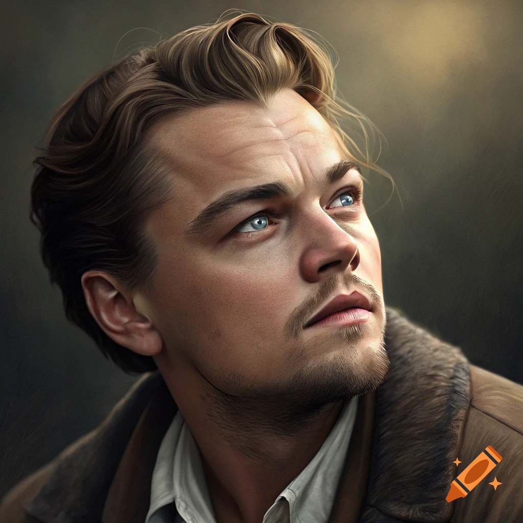 Realistic portrait of a man with blue eyes looking upwards.
