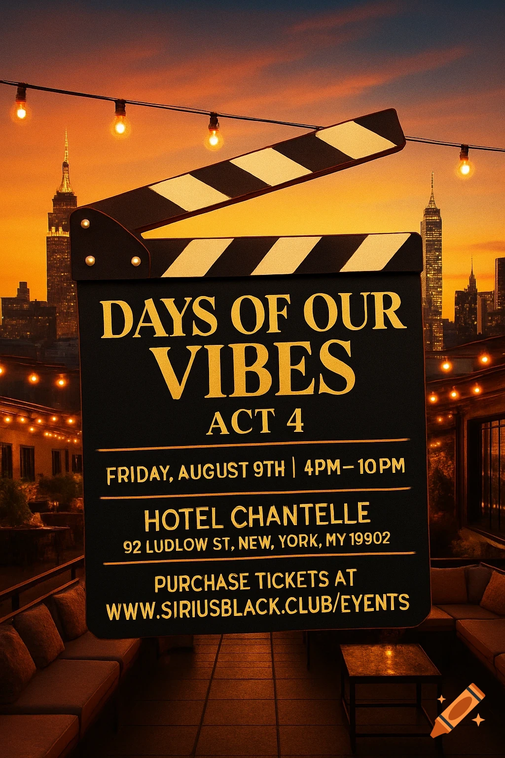 Event poster on a clapperboard on a rooftop with city skyline at sunset. Titled 'Days of Our Vibes: Act 4'.
