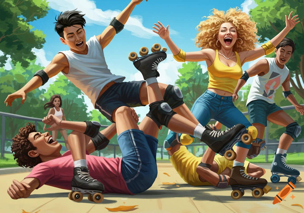 People falling and laughing while roller skating outdoors.