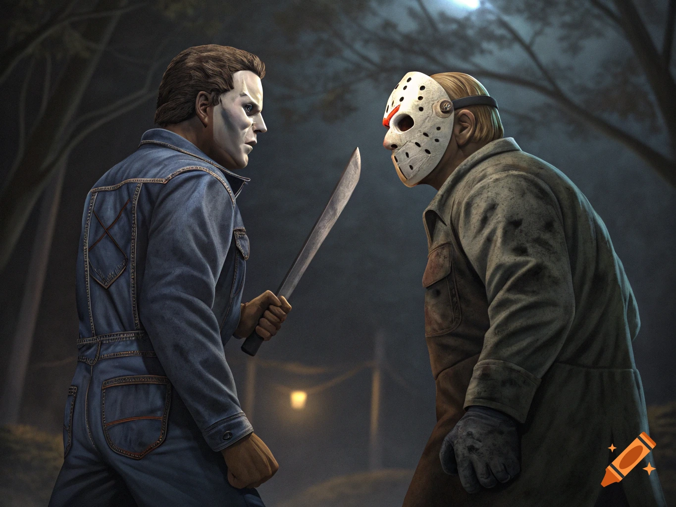 Michael Myers and Jason Voorhees face off with weapons in a dark, atmospheric forest.