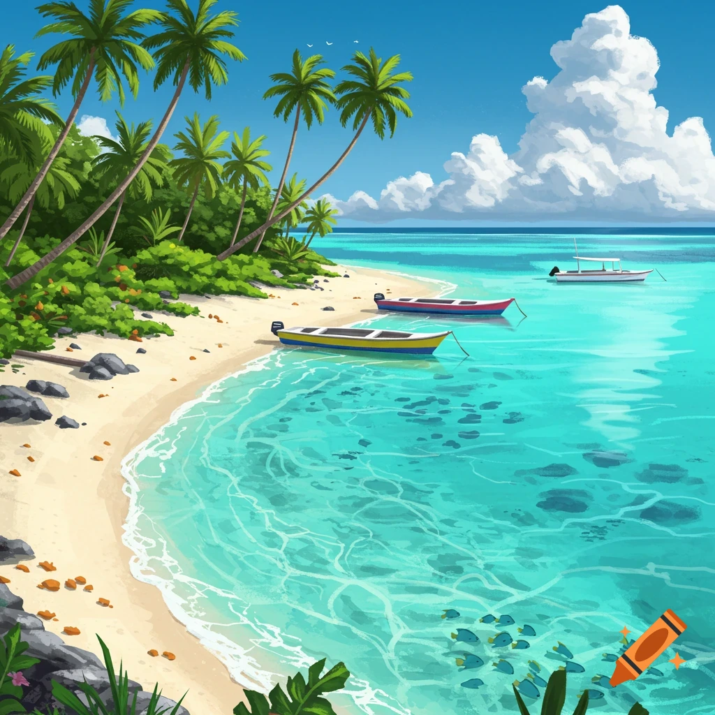 A stylized illustration of a tropical beach with turquoise water, palm trees, and boats.