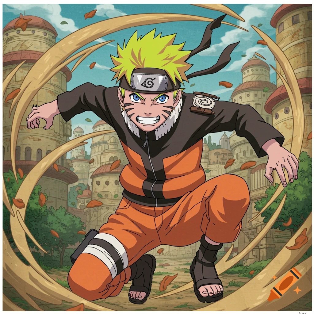 Naruto in a dynamic pose with a leaf village background, anime style.