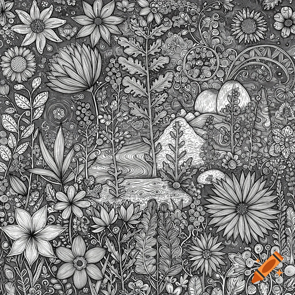 Intricate black and white line drawing of dense flora, flowers, plants, and a small landscape with mountains and a river.