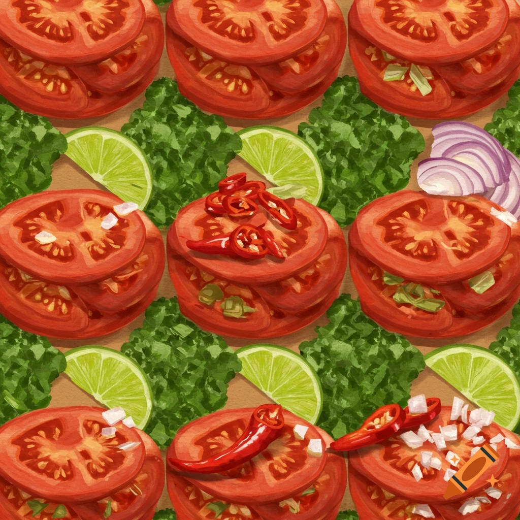 Seamless tiling of chopped tomatoes, lime, chilies, and other ingredients in a painterly style.