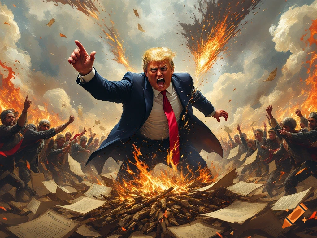 Donald Trump stands on burning documents, pointing dramatically amid fire and a crowd in a painterly style.