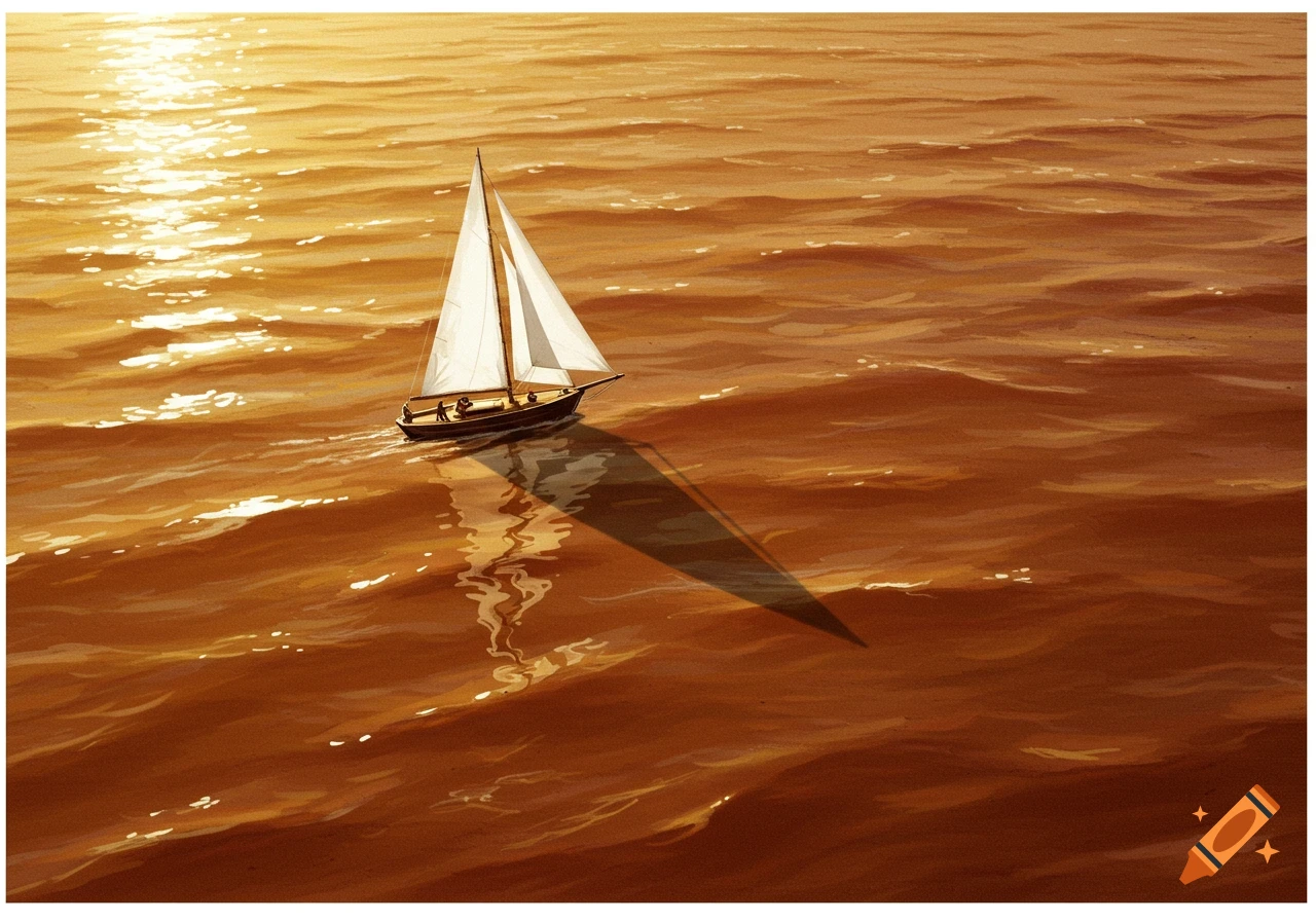 A sailboat glides on wavy, golden water at sunset.