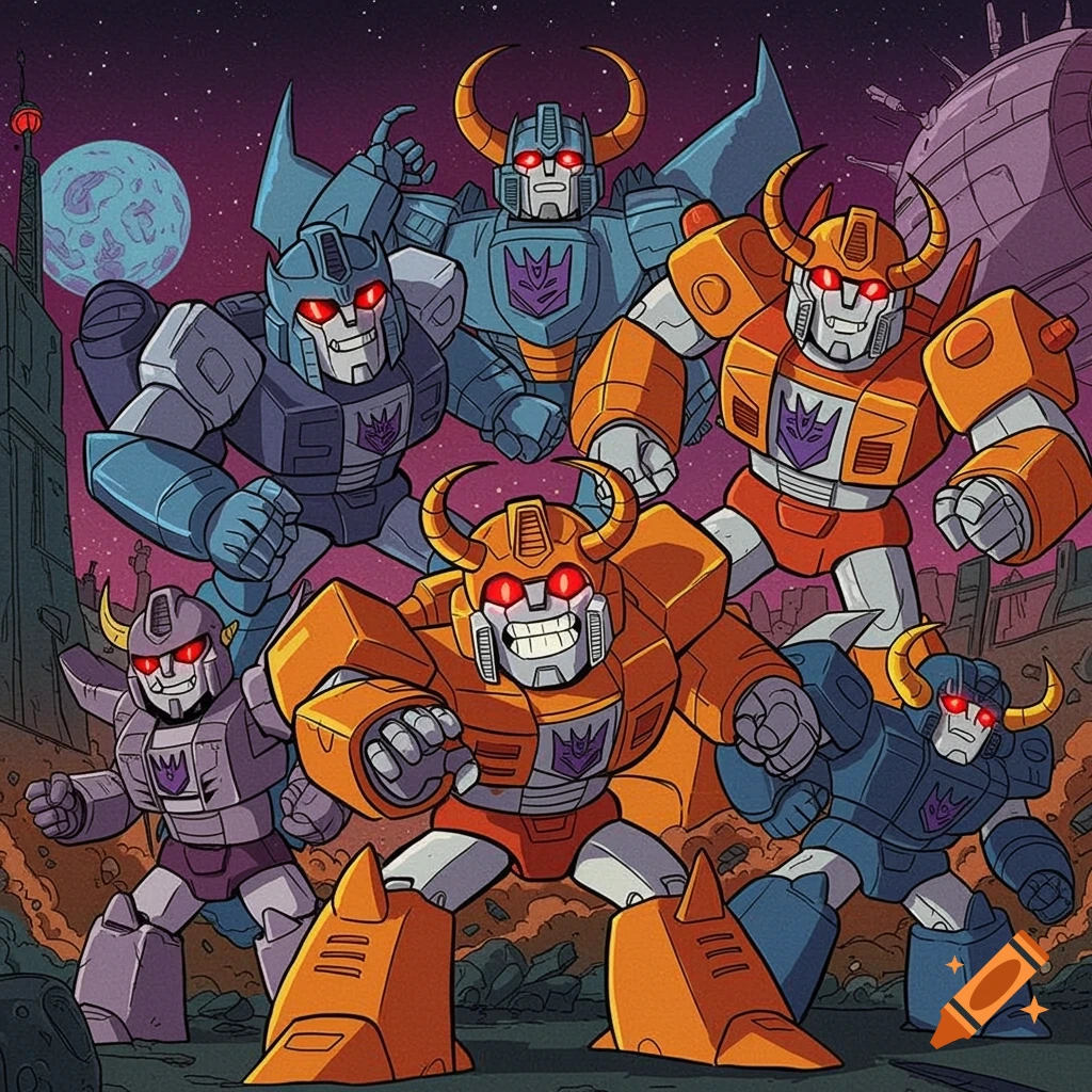 A group of cartoon robots with horns and symbols stand in a space setting.