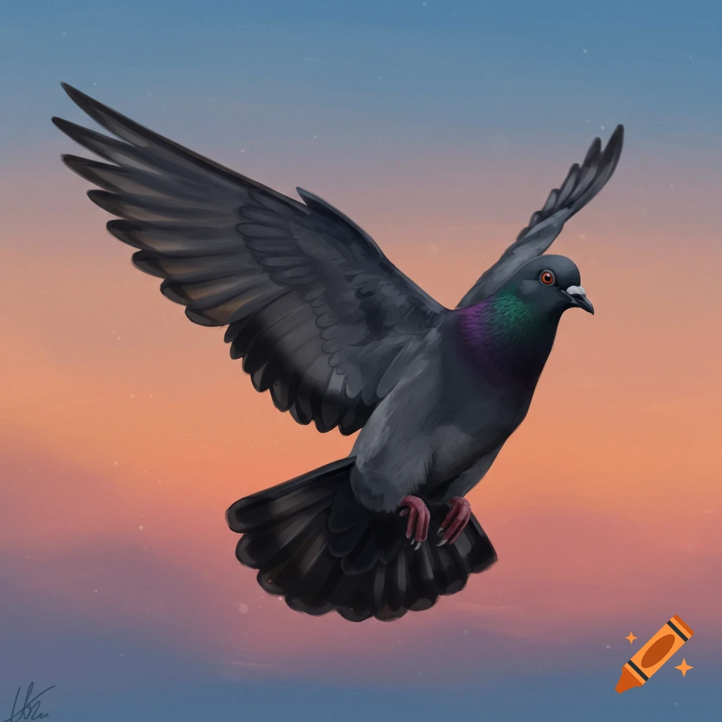 A pigeon in flight against a sunset sky.