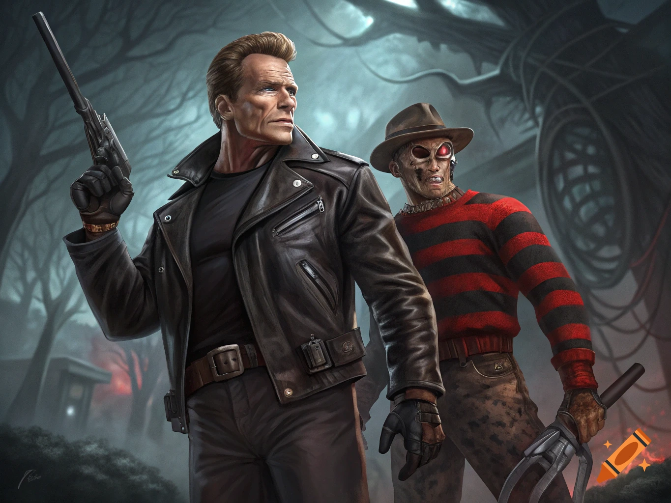 Terminator-like figure with gun stands next to Freddy Krueger in a dark forest.