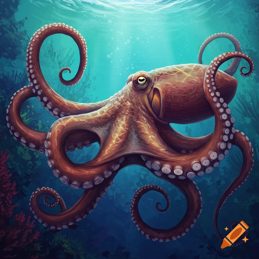 A detailed illustration of an octopus swimming underwater.