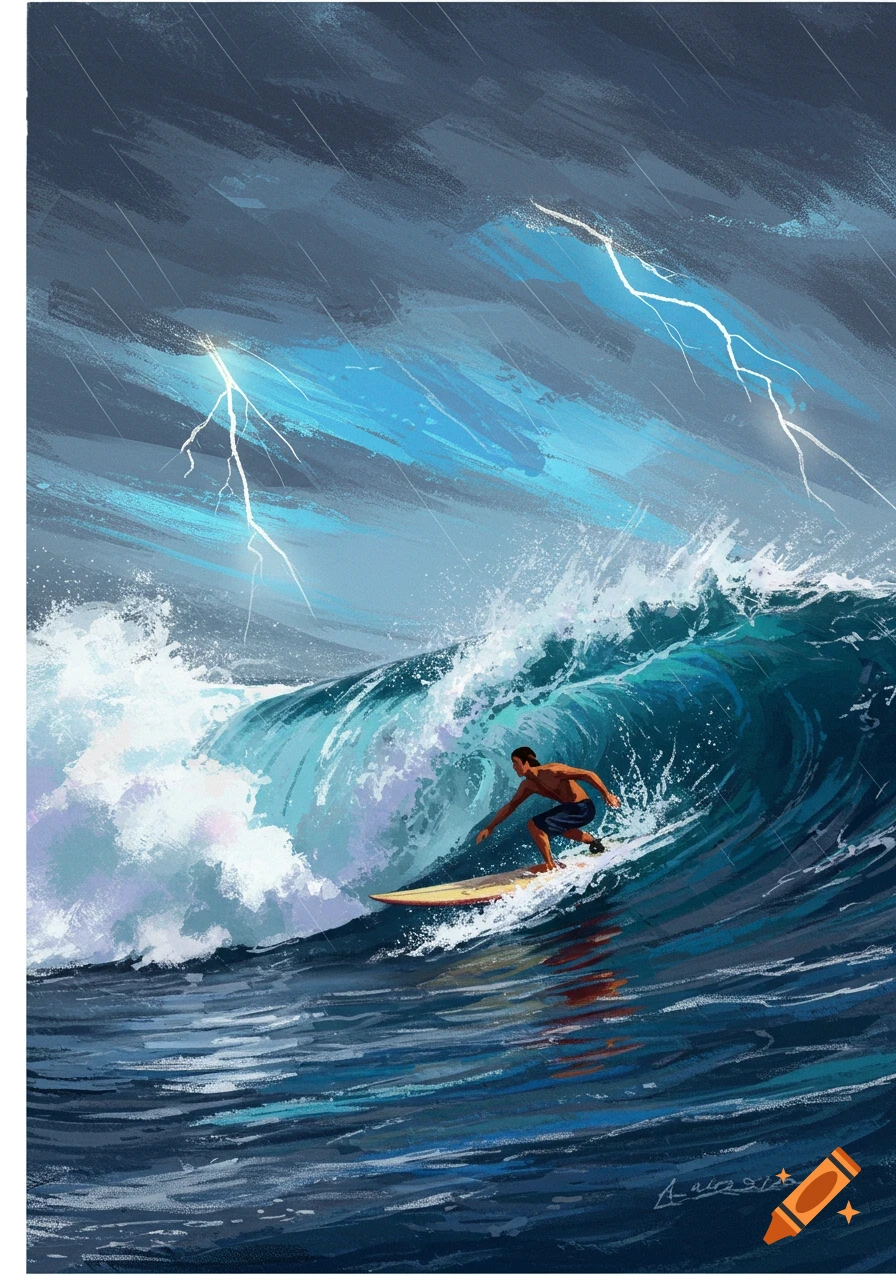 Illustration of a surfer riding a large wave during a stormy sky with lightning.