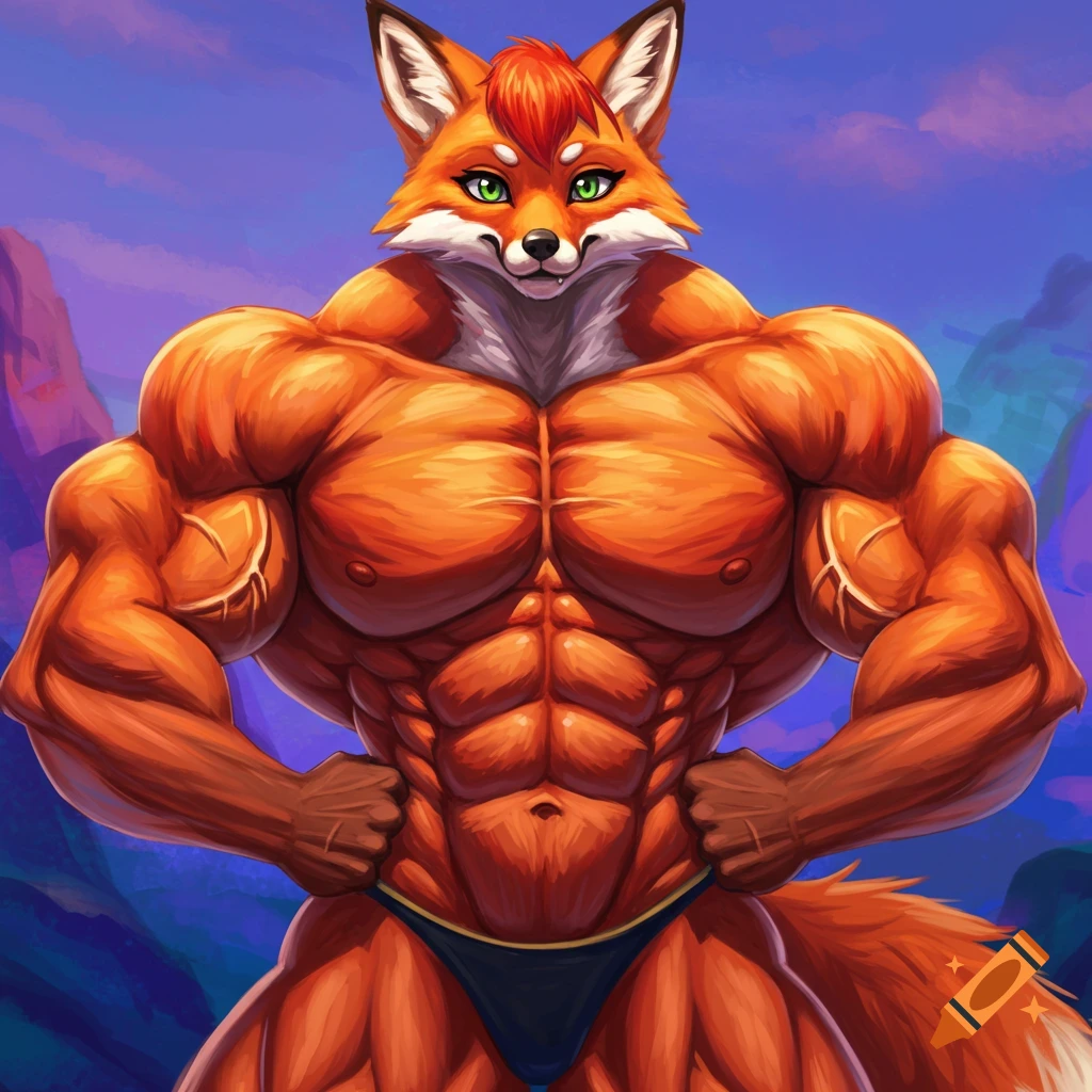 Muscular anthropomorphic fox wearing a speedo poses against a mountain background, digital painting style.