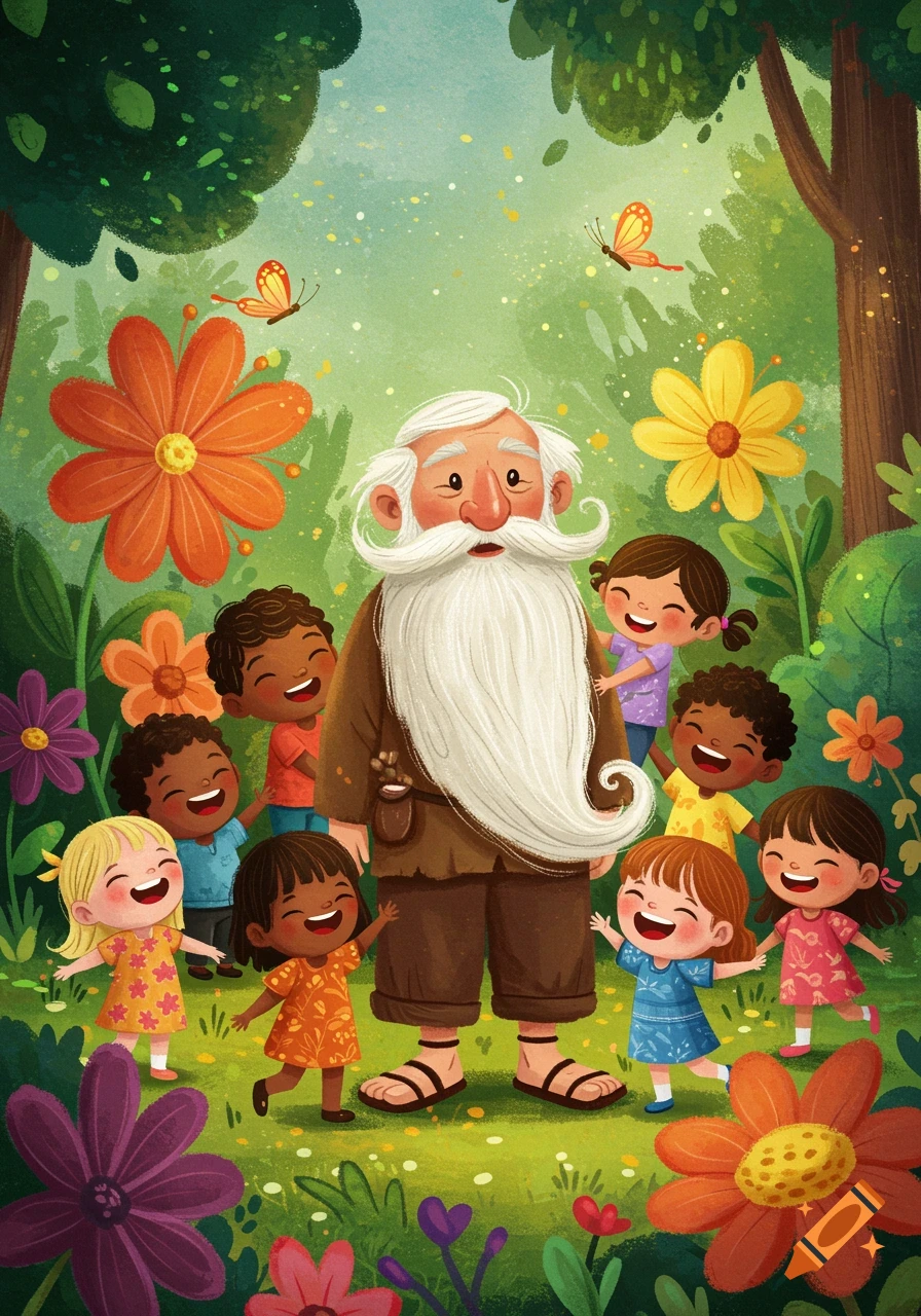 Whimsical illustration of a kind old man with a long beard surrounded by diverse, happy children in a garden.
