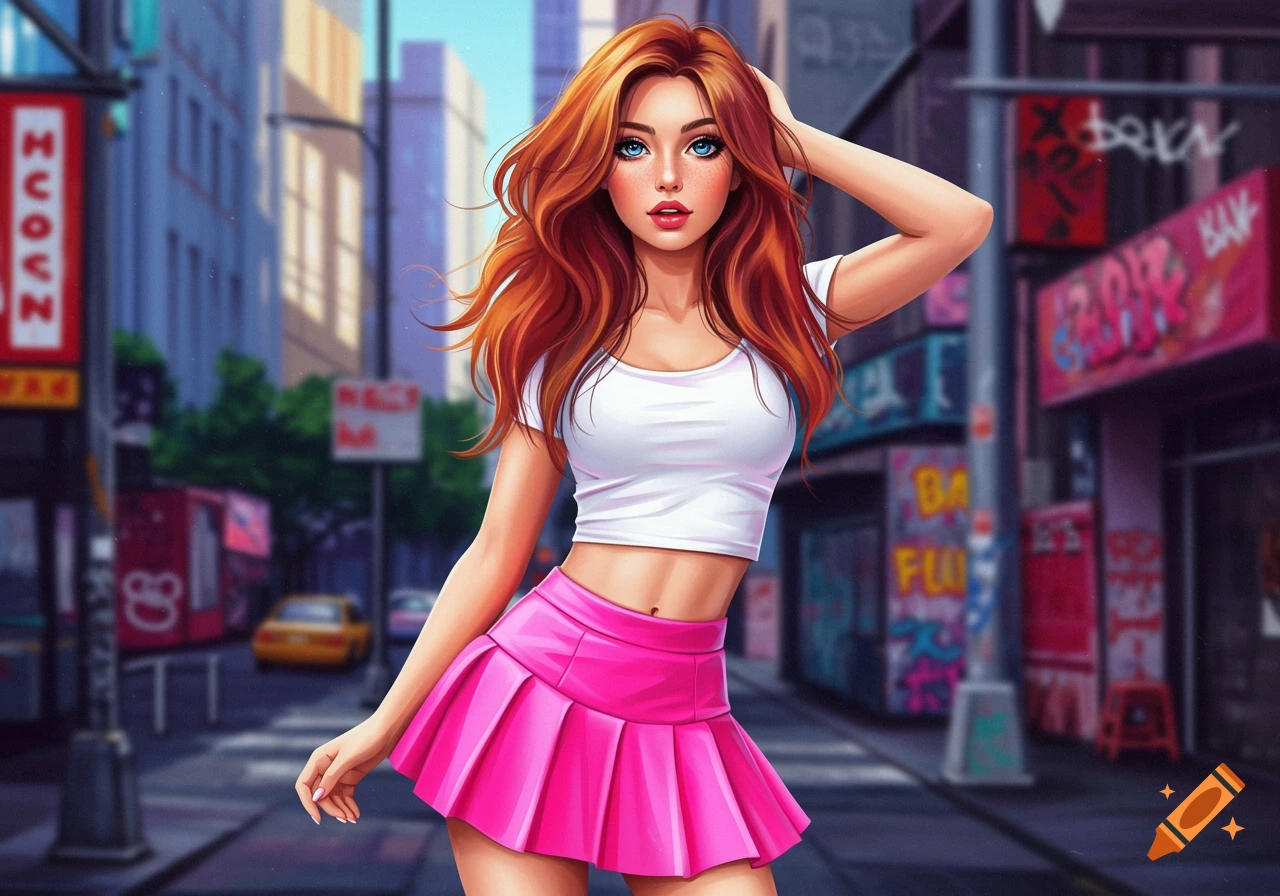 Anime illustration of a girl with red hair in a white crop top and pink skirt standing on a city street.