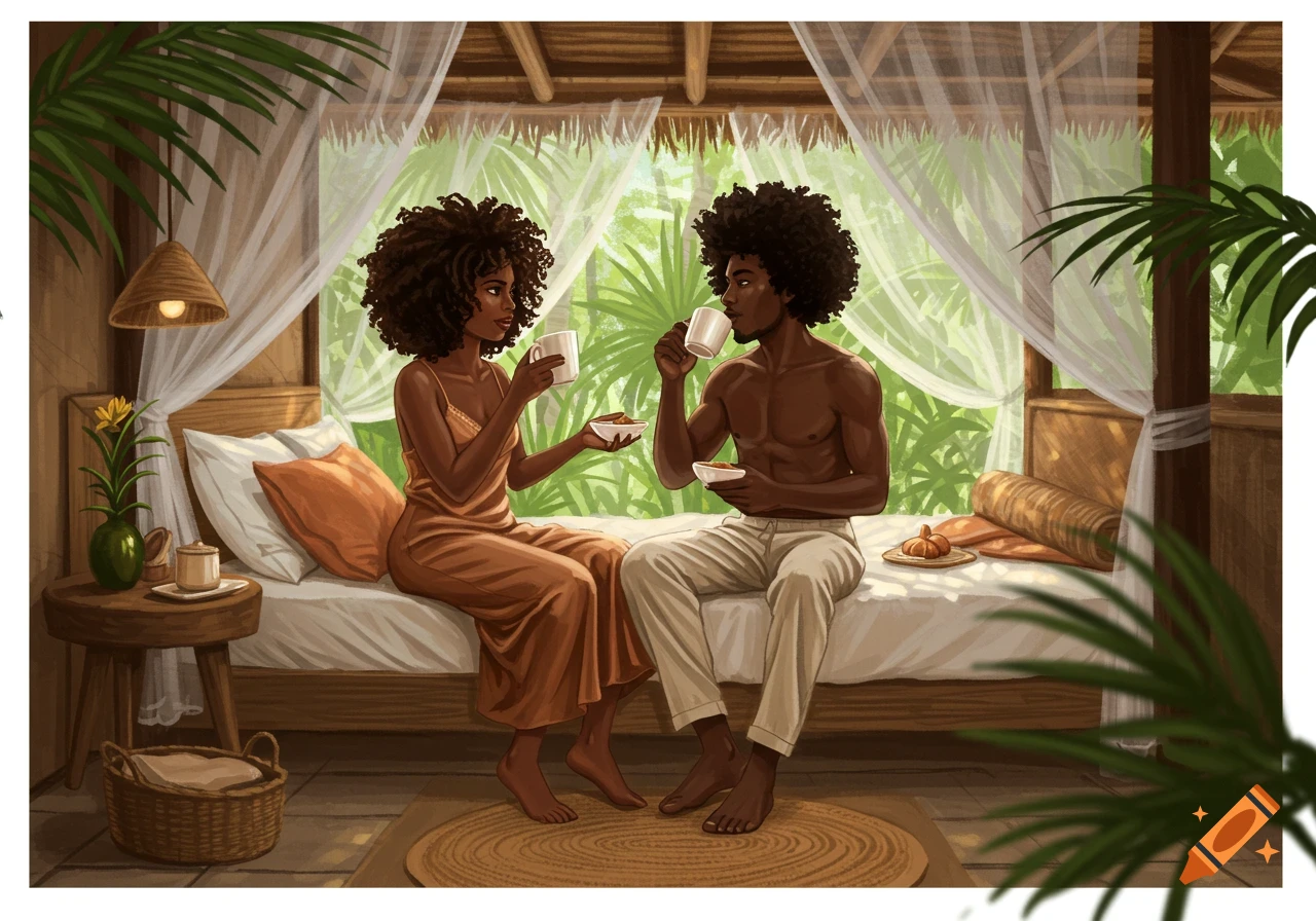 An illustration of a Black couple drinking coffee in a tropical bedroom.