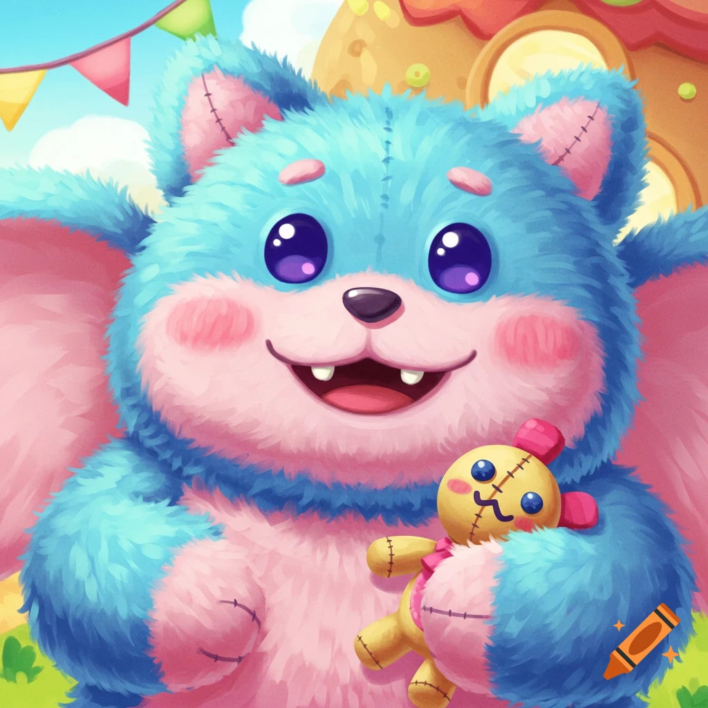 A fluffy blue and pink cartoon monster with big eyes holds a small yellow stuffed doll.
