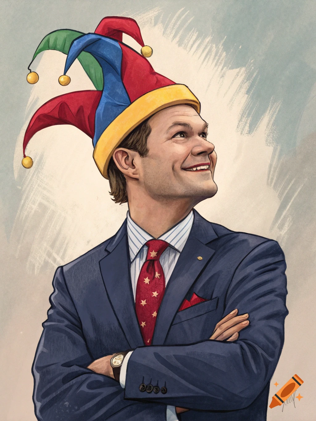 Illustration of a man wearing a jester hat and suit with folded arms