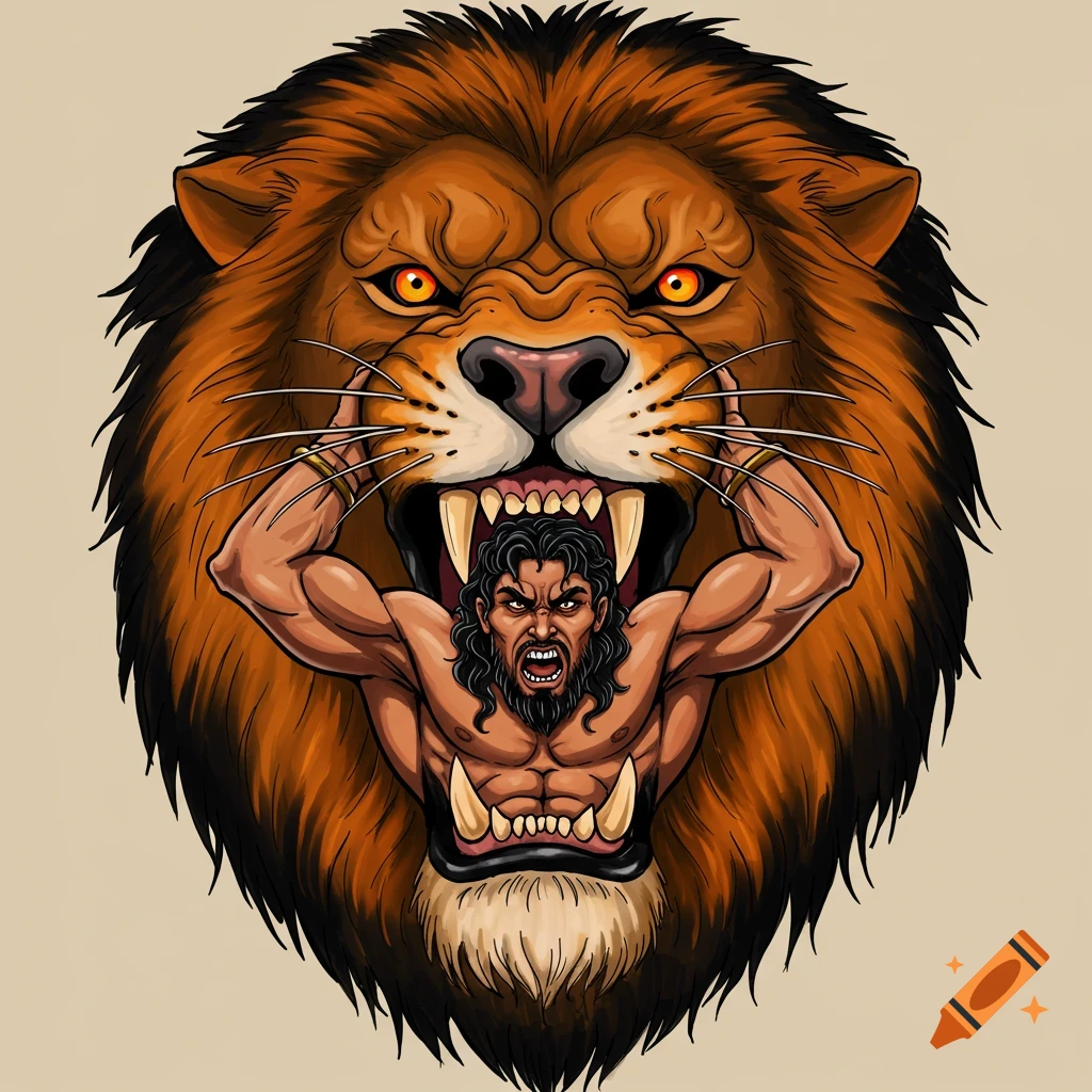 Illustration of a muscular man inside a lion's mouth, holding the jaws open, in a tattoo art style.