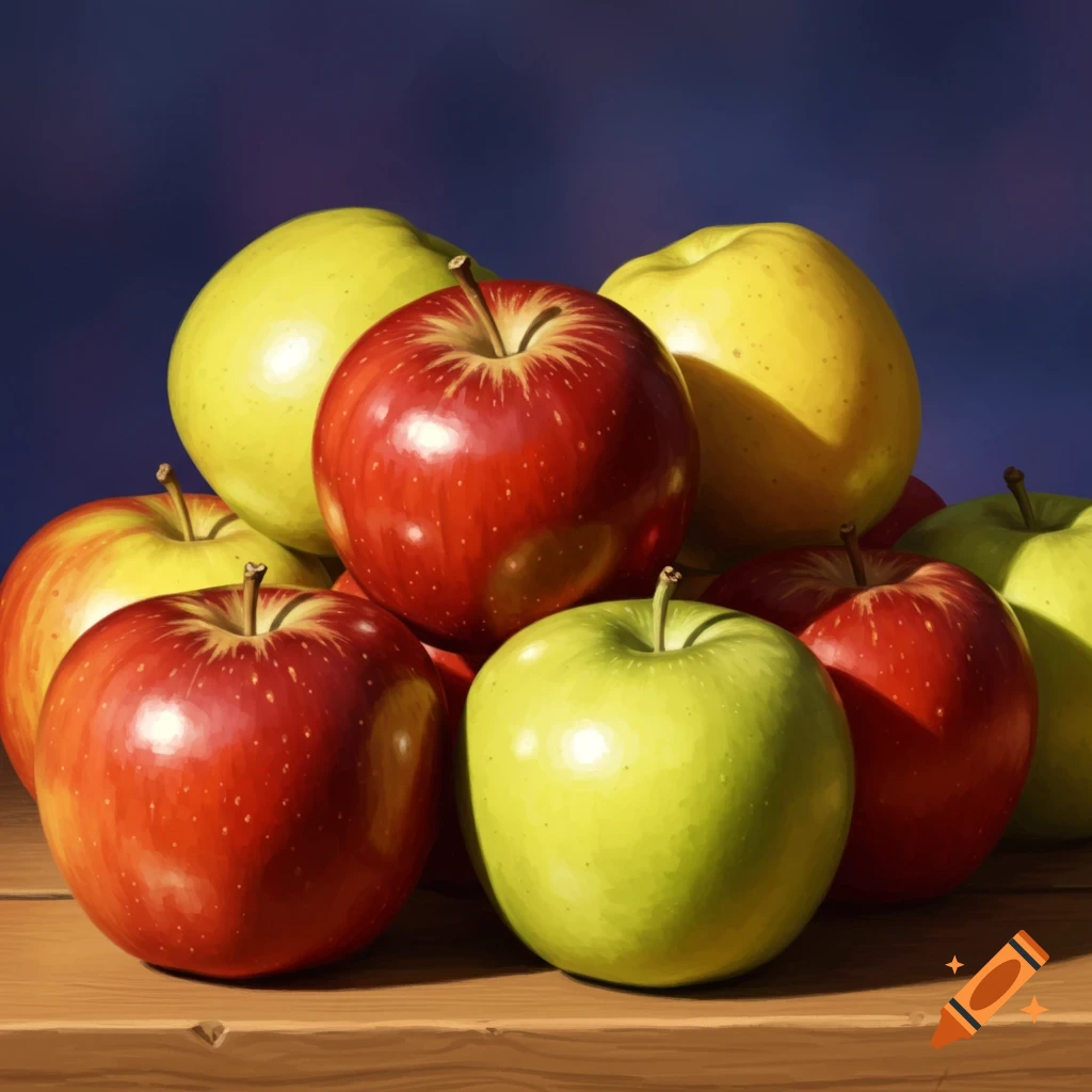 Still life painting of red, yellow, and green apples on a wooden table.