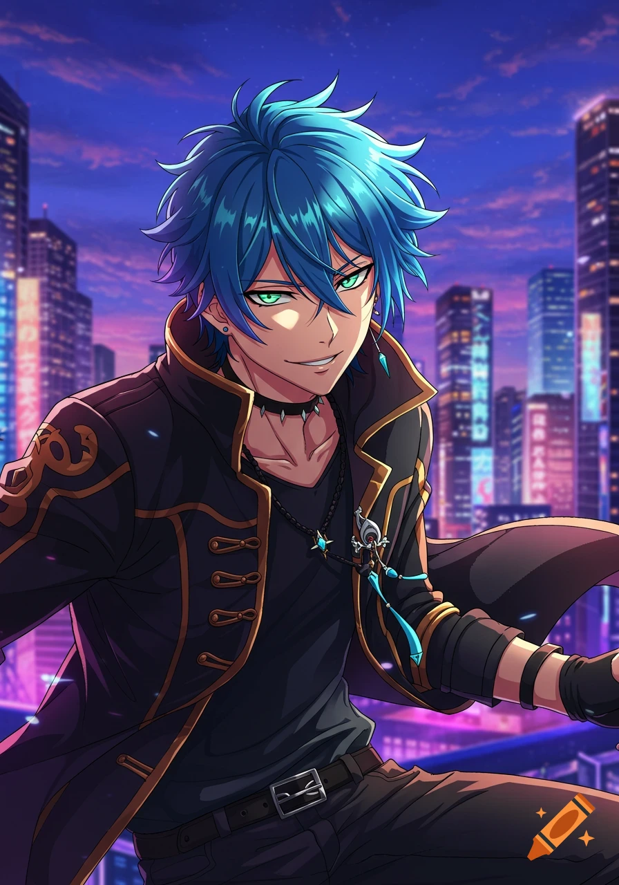 Anime portrait of a man with blue hair and green eyes against a city skyline at night.