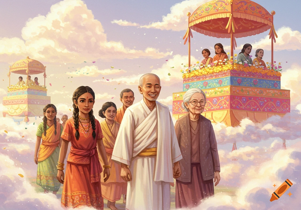 Illustration of a spiritual procession with people and ornate platforms floating in clouds