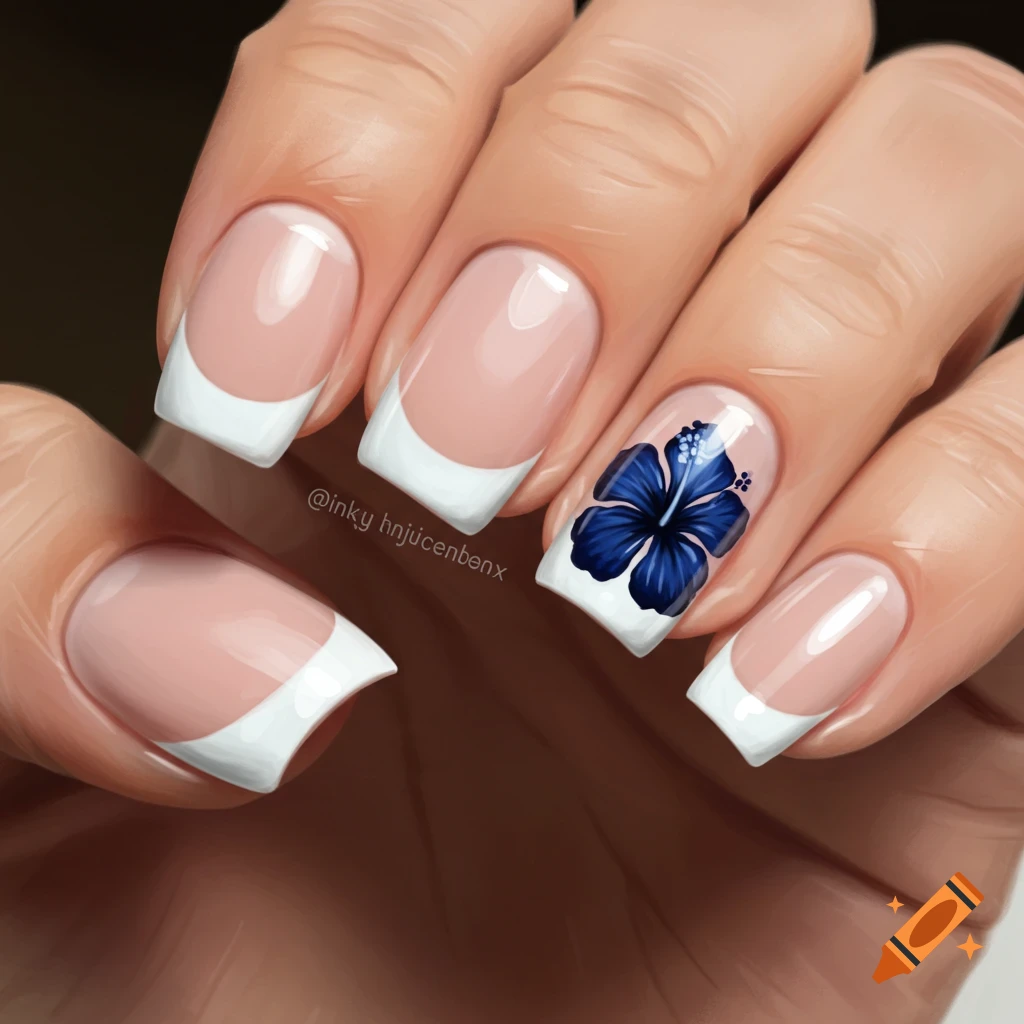 French tip nails with a blue hibiscus flower, digital illustration