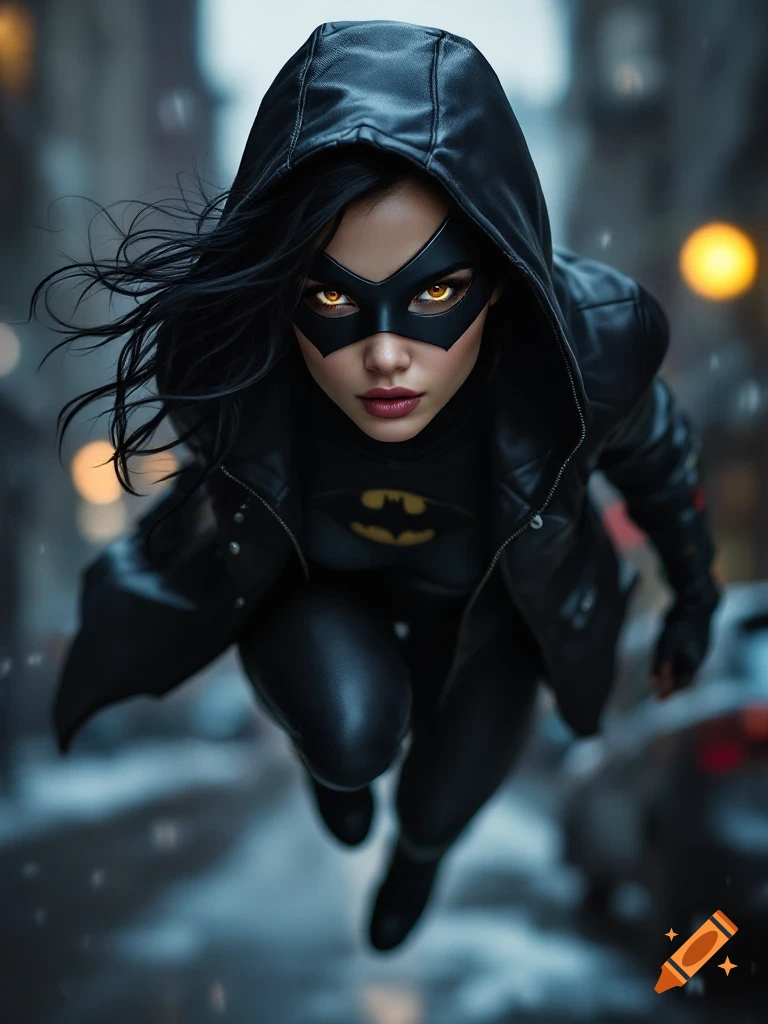 Female superhero in black hooded jacket and mask hovers in a city street. Photorealistic style.
