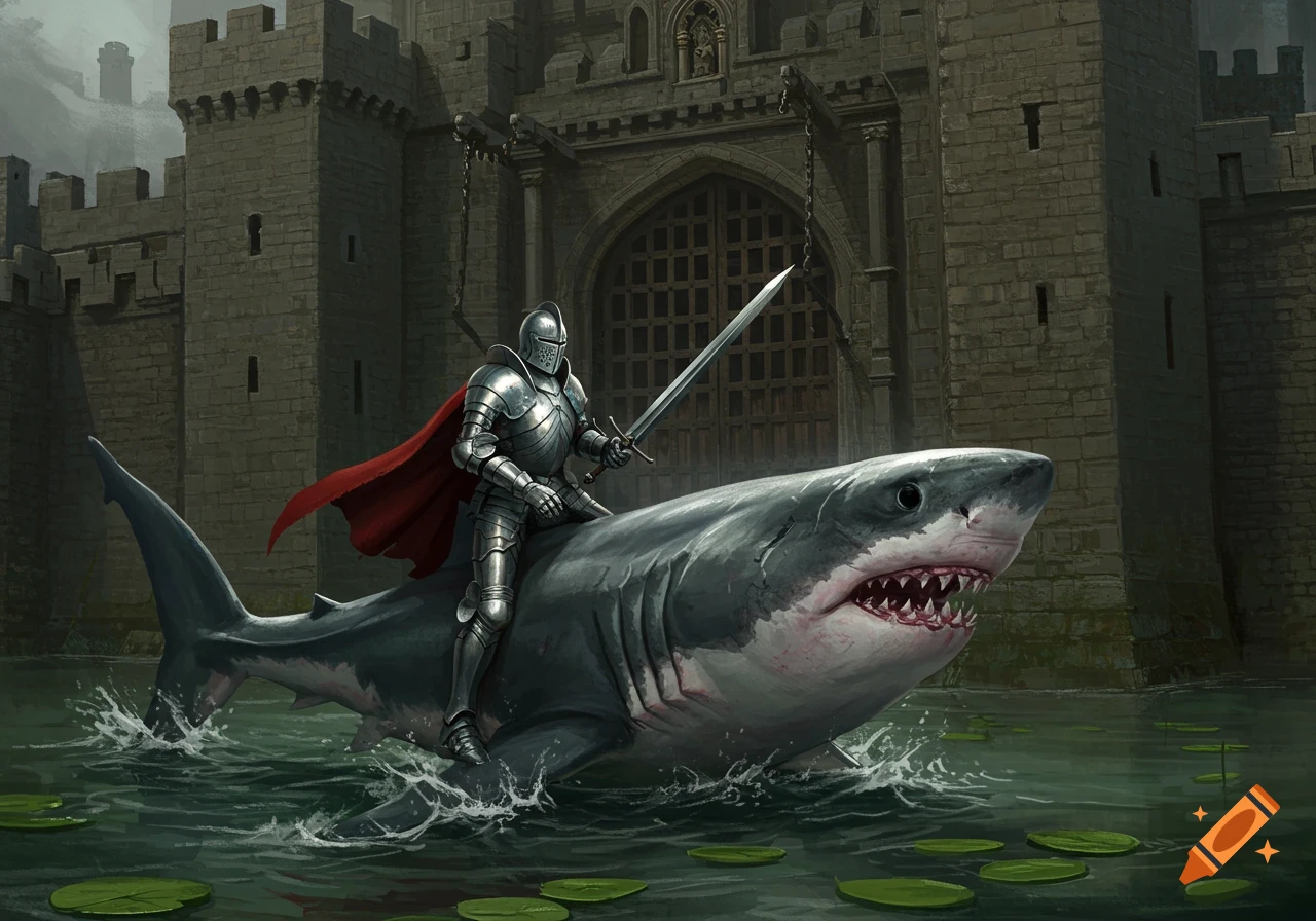 A knight in full armor rides a shark in a castle moat.