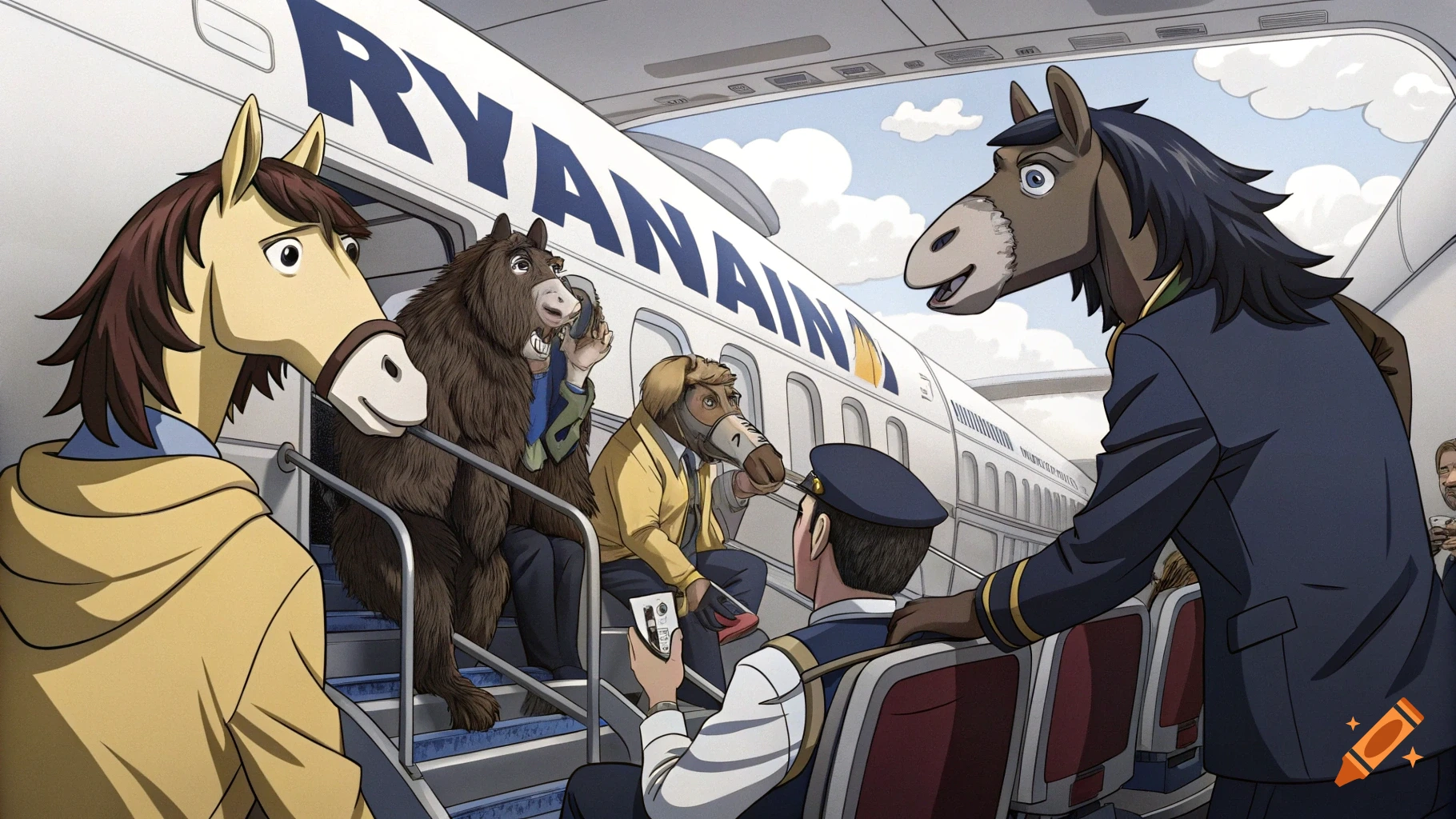 Humanoid animals including horses and a bear board a Ryanair airplane in an anime style.