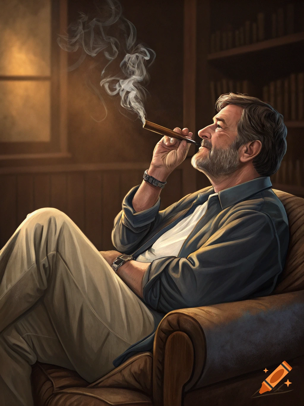 A man with a beard sits in a chair, smiling and smoking a cigar, in a dimly lit room with bookshelves.