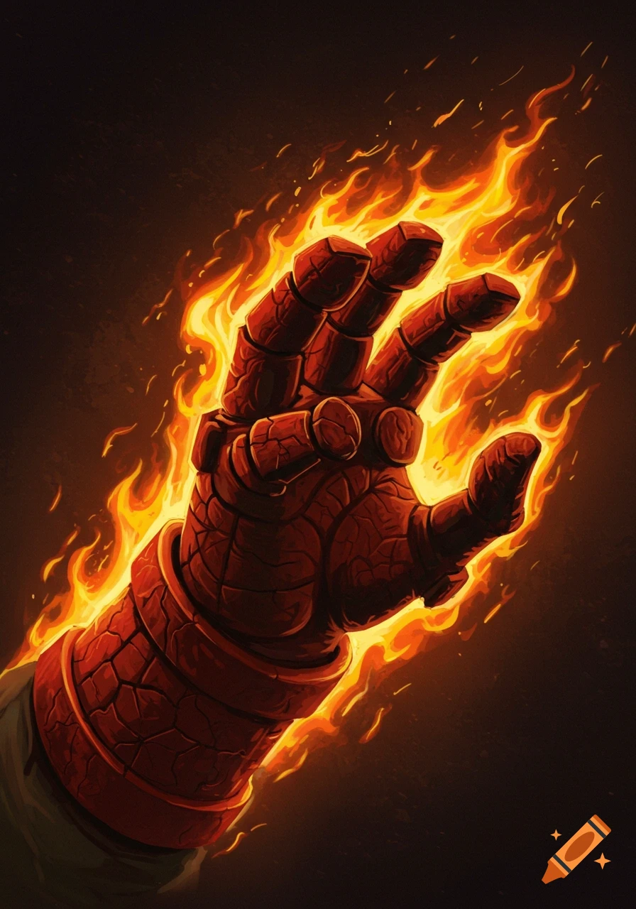 A large, red, rocky hand surrounded by flames against a dark background.