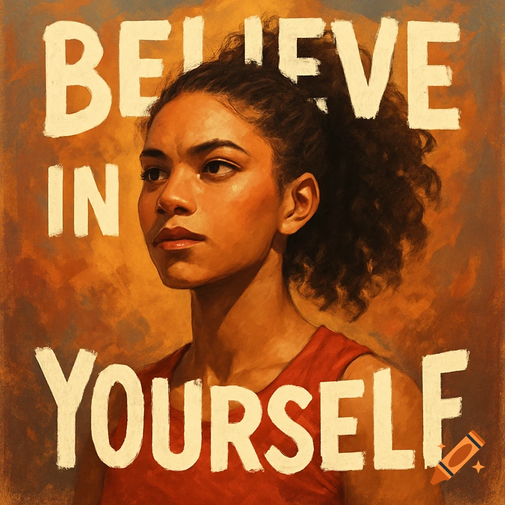 A painted portrait of a young woman with curly hair looking thoughtful. Large text reads "BELIEVE IN YOURSELF".