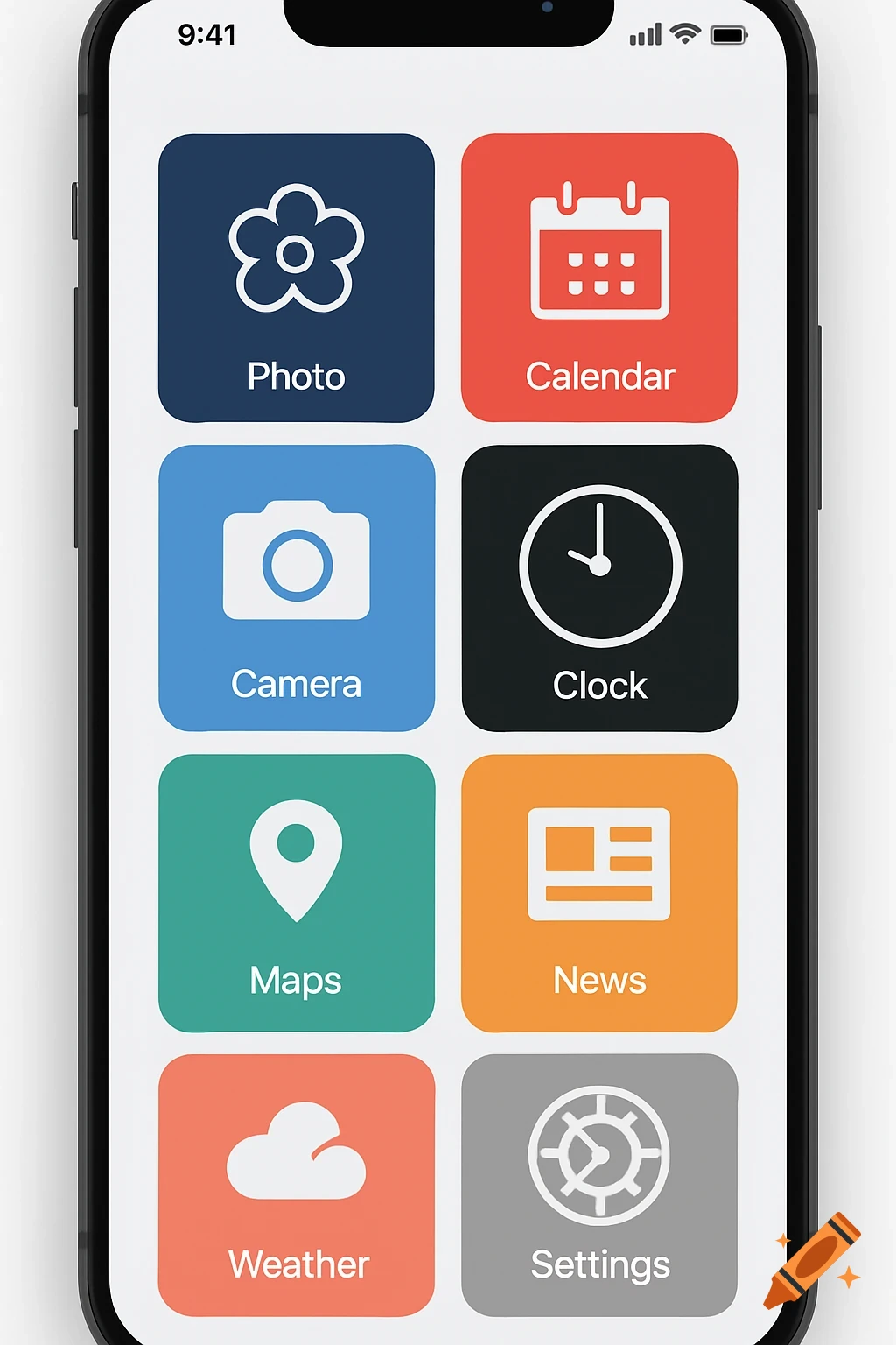 Close-up of a smartphone screen displaying a grid of colorful app icons with labels: Photo, Calendar, Camera, Clock, Maps, News, Weather, Settings.