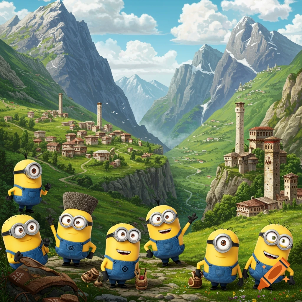 Several Minions stand in a mountainous village valley with towers.