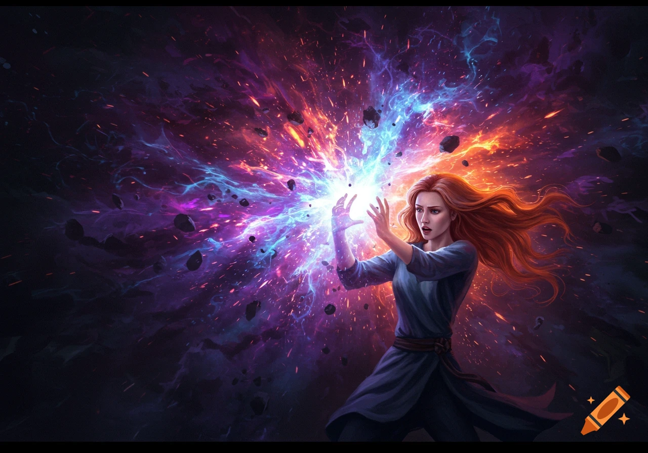 A woman with red hair casts a glowing magic spell, surrounded by colorful energy and floating rocks in a dark, dynamic scene.