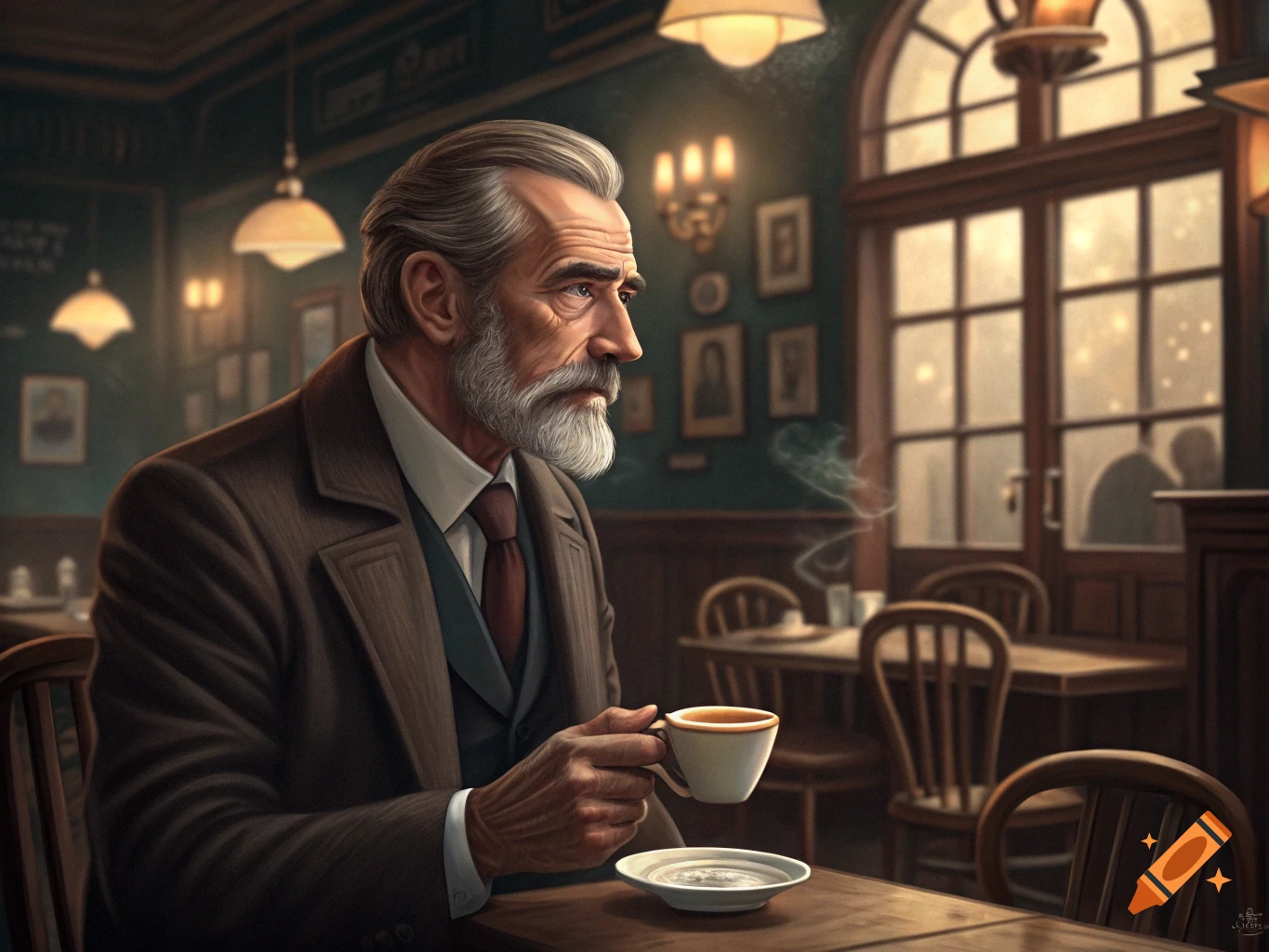 Older man with a beard sits in a dimly lit cafe, holding a coffee cup. Realistic painting style.