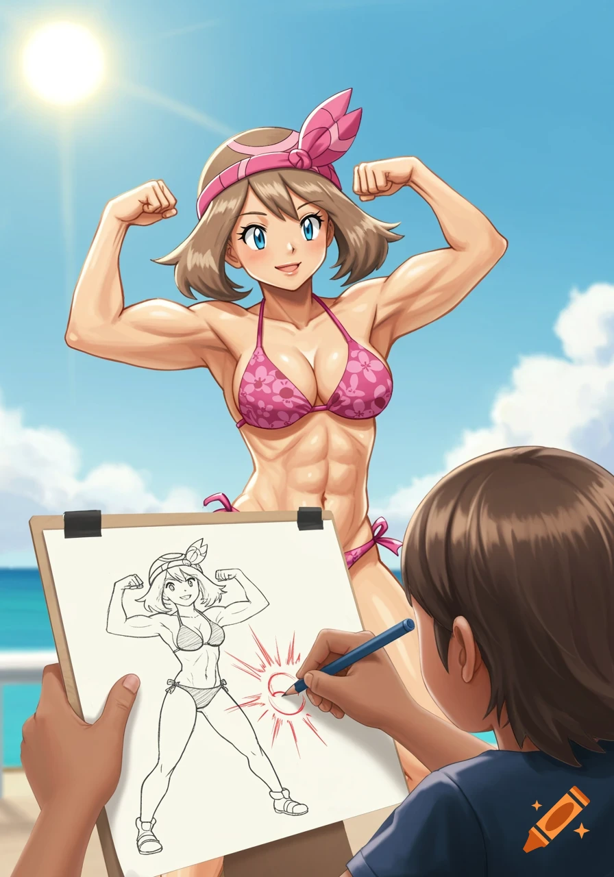 Anime character flexing muscles in a bikini while being drawn on a beach.