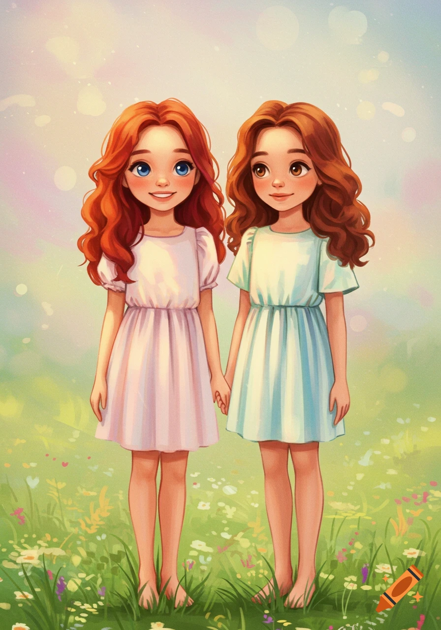 Illustration of two young girls with reddish-brown hair standing in a sunny field, holding hands.