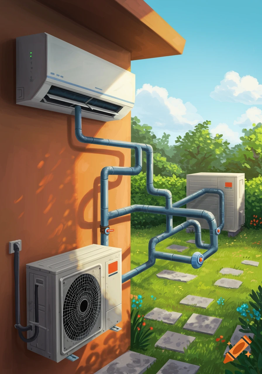 An illustration of split system air conditioner units connected by a maze of pipes in a sunny yard.