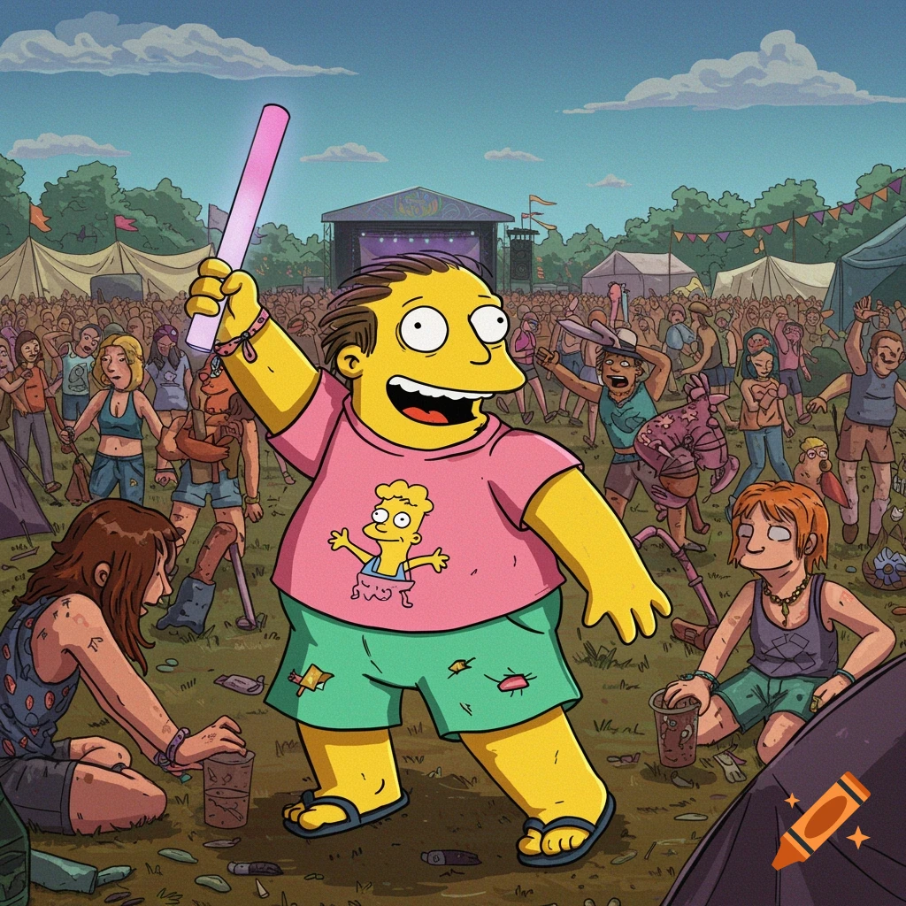 Ralph Wiggum cartoon holds a glow stick in a music festival crowd