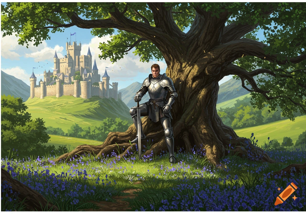 A knight in armor kneels by a giant tree in a field of bluebell flowers, with a castle on a hill behind him. Detailed illustration.