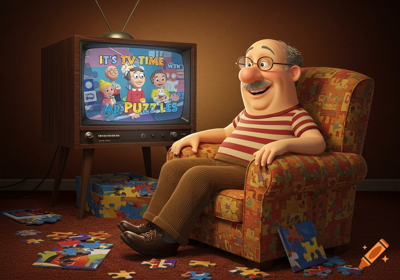 A 3D illustration of a cartoon man watching TV surrounded by puzzle pieces.